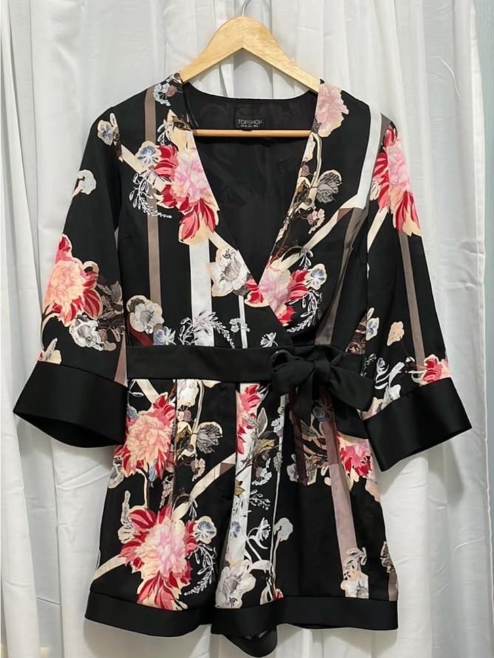 Topshop Black Satin Floral Wrap Romper with Pink & Cream Blooms a252